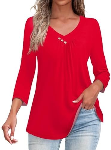 Short Sleeve Tops for Women Women Fall Outfits Loose Fit Dressy 3/4 Sleeve Shirts Casual V Neck Blouses Tunics Top