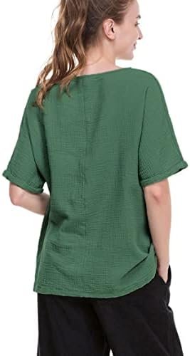 Women's Cotton Linen Round Collar Boxy Top Patchwork Blouses