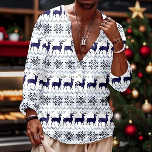 Men's Christmas Printed Pixel Snowflake Deer Theme Button Up Long Sleeve Casual Style T Shirt Plain Men Shirt