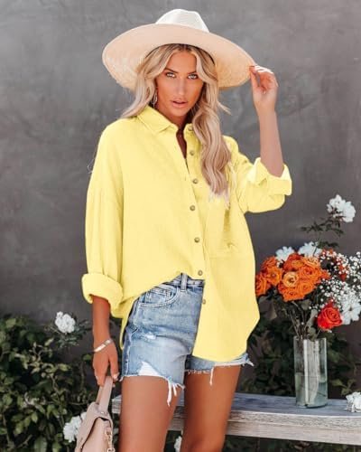 Women's Button Up Shirts Roll-Up Sleeve Cotton Blouses V Neck Casual Tunics Solid Color Tops with Pockets