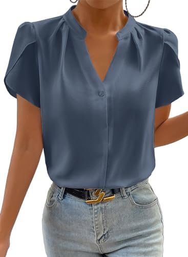 Womens Casual Notched V Neck Cap Sleeve Dressy Business Work Blouse Tops