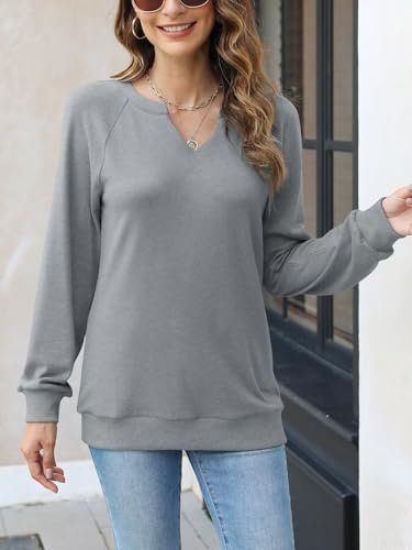 Women Casual Long Sleeve V Neck Sweatshirts Cute Loose Fit Lightweight Pullover Tops