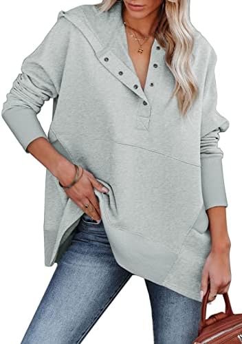 Women Casual Button V Neck Hoodies Oversized Pullover Sweatshirt Hooded Tops with Pockets