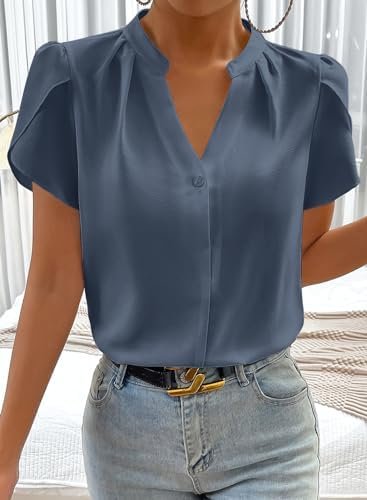 Womens Casual Notched V Neck Cap Sleeve Dressy Business Work Blouse Tops