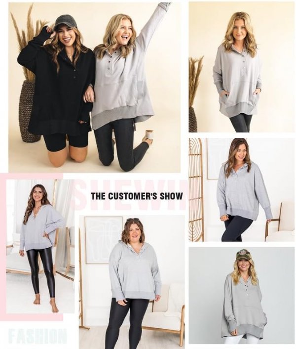 Womens Oversized Sweatshirt Hoodies Casual Button V Neck Hooded Pullover Tops with Pocket