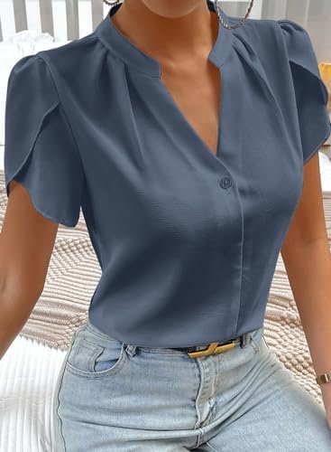 Womens Casual Notched V Neck Cap Sleeve Dressy Business Work Blouse Tops