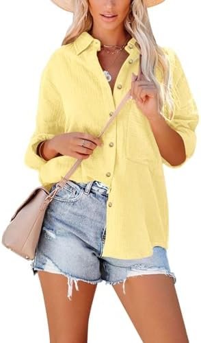 Women's Button Up Shirts Roll-Up Sleeve Cotton Blouses V Neck Casual Tunics Solid Color Tops with Pockets